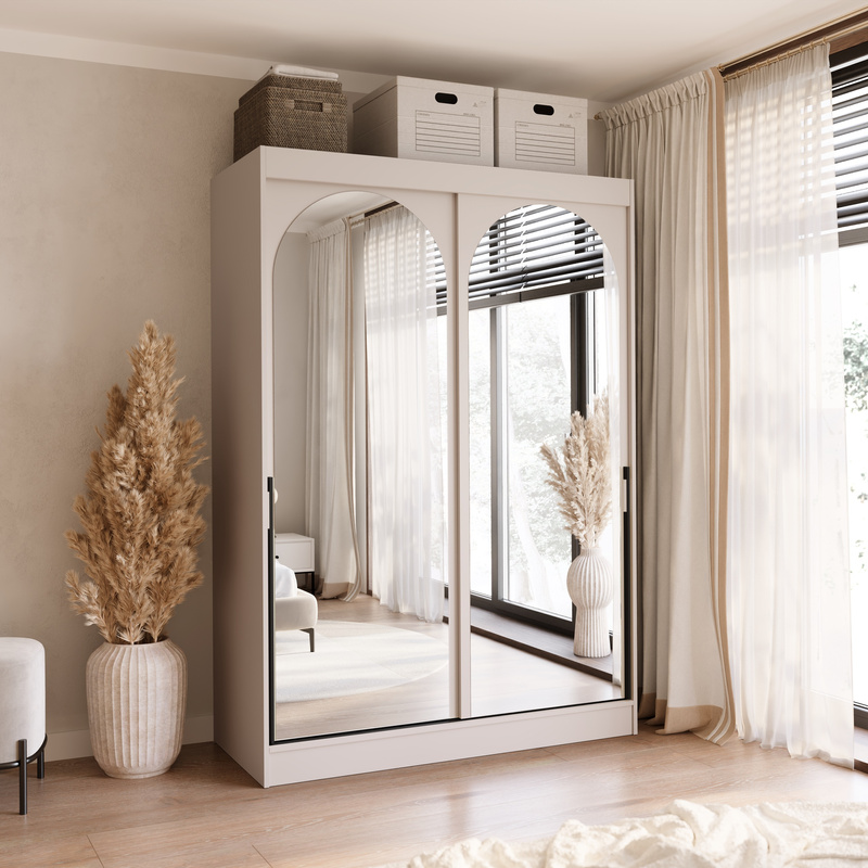 Kaszmirowa szafa przesuwna z dwoma lustrami 150 cm drzwi przesuwne czarne uchwyty MORIN