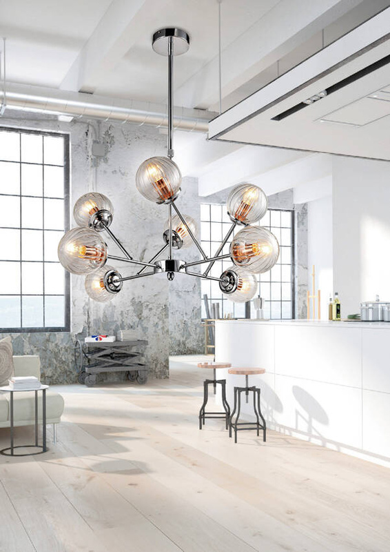 Srebrna lampa wisząca sufitowa 8-punktowa do salonu BEST metal szkło