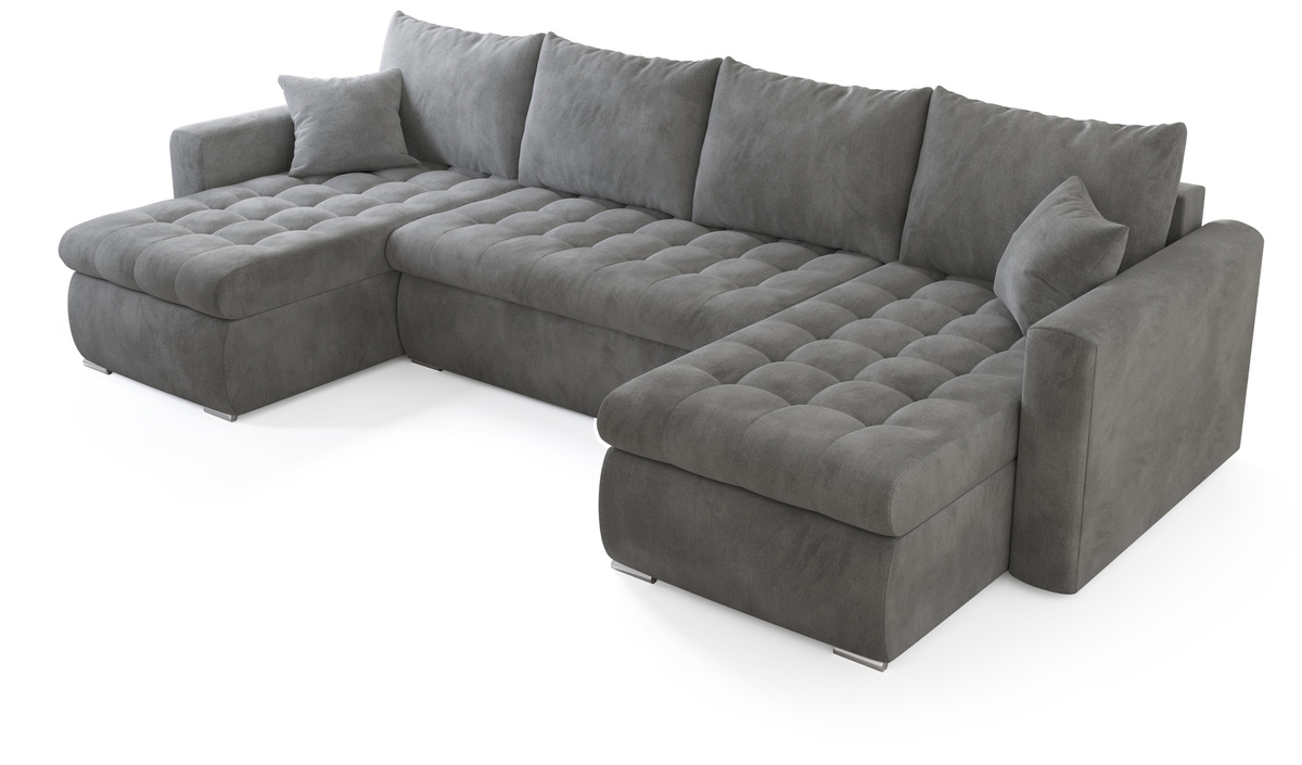 Szara welurowa rogówka rozkładana do salonu z funkcją spania LUIS U