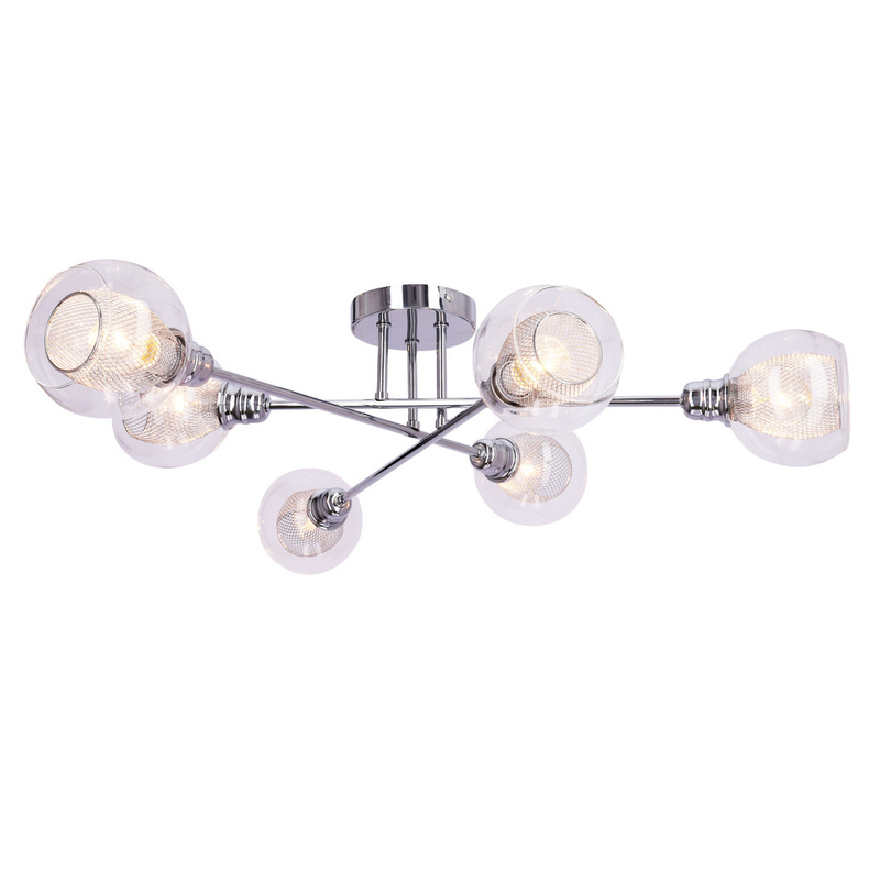 Srebrna lampa wisząca sufitowa 6-punktowa do salonu DIXI szklany klosz