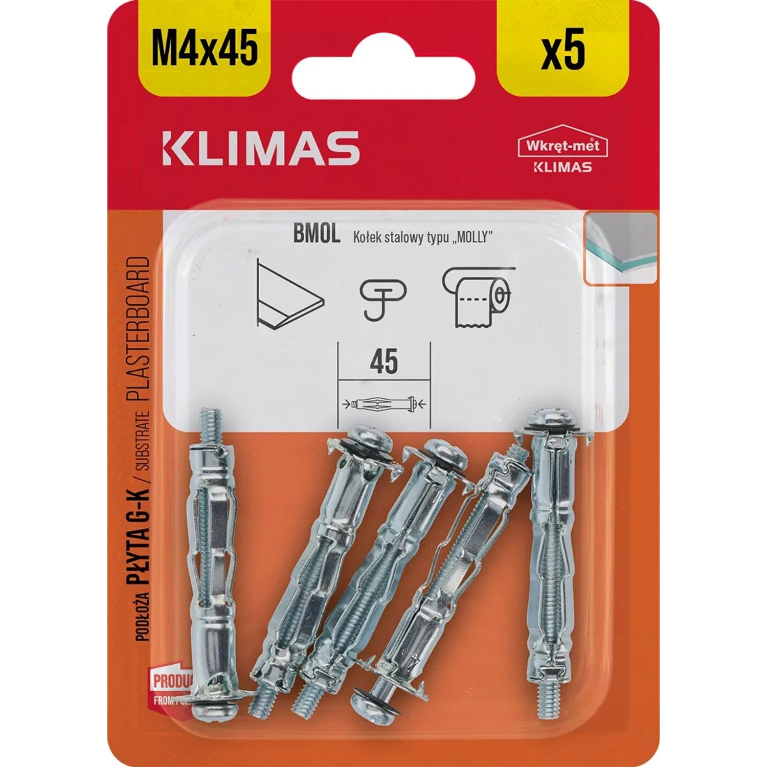 Wkręt-met Kołek stalowy typu molly 4 mm x 45 mm