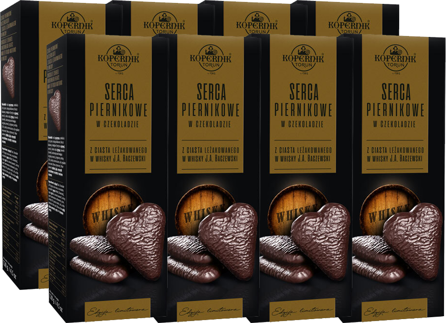 8x Pierniki Kopernik Premium Serca Piernikowe w deserowej czekoladzie, whisky, 128g