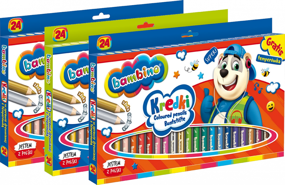 3x Kredki Bambino Zwierzaki Uczniaki, w oprawie drewnianej, 24 sztuki + temperówka, mix kolorów