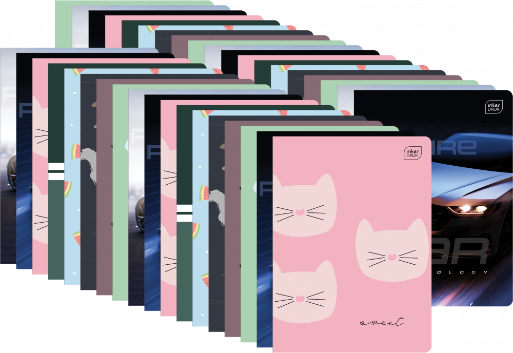 100x Zeszyt w wąskie linie Interdruk, A5, miękka oprawa, 32 kartki, mix wzorów