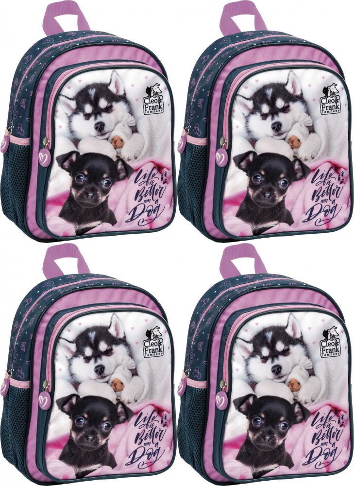 4x Plecak dla przedszkolaka Derform Cleo&Frank 38 (Pies), jednokomorowy, 9l, 29x23x14cm, granatowy