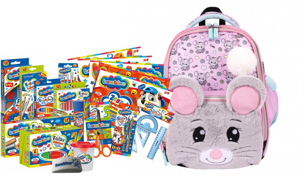 Zestaw: Plecak szkolny Bambino premium B8 Mouse + wyprawka szkolna Bambino, 18-elementów