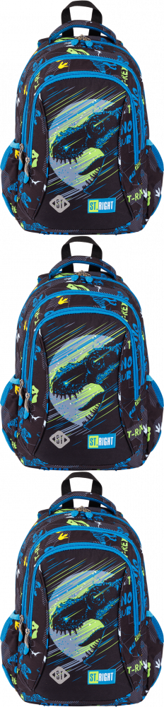 3x Plecak szkolny St.Right BP26 Dinosaur, trzykomorowy, 20l, 39x27x17cm, czarno-niebieski