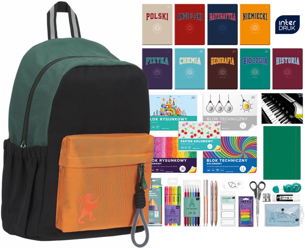 Zestaw: Plecak szkolny Oxford Funky, zielono-brązowy + Wyprawka szkolna Interdruk, do klas 4-8