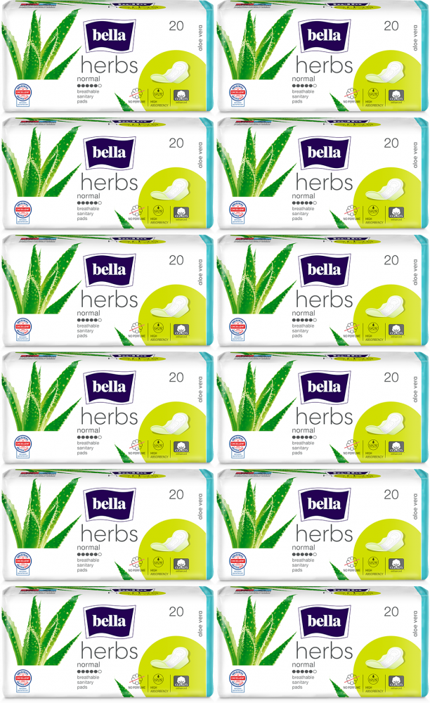 12x Podpaski Bella Herbs Aloe Vera, Normal, ze skrzydełkami, 20 sztuk