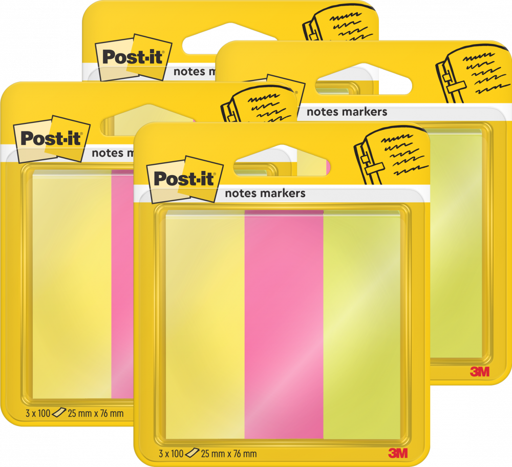 4x Zakładki samoprzylepne Post-It proste, indeksujące, 25x76mm, 3x100 sztuk, mix kolorów neonowych