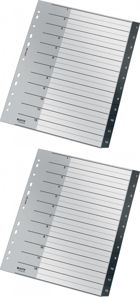 2x Przekładki do segregatora Leitz Recycle, plastikowe, numeryczne, A4 maxi, 1 - 12 kart