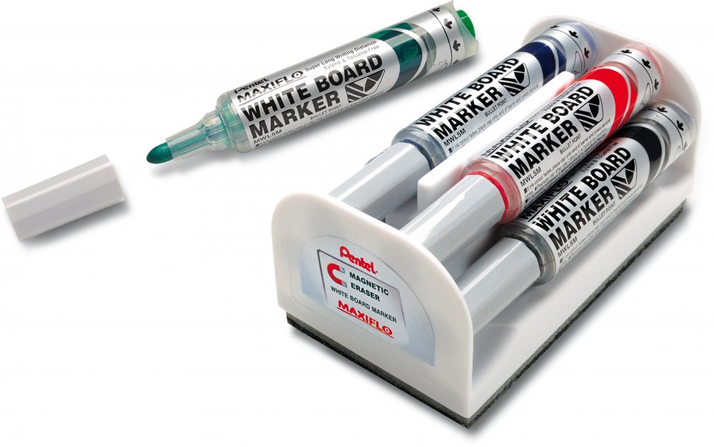 Marker suchościeralny Pentel Maxiflo MWL5M, z tłoczkiem, okrągła, 4 sztuki, 6mm, mix kolorów + gąbka magnetyczna