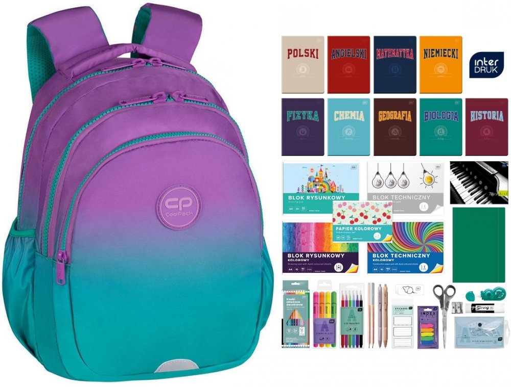 Zestaw: Plecak szkolny CoolPack Jerry Gradient Blueberry, trzykomorowy, 21l + Wyprawka szkolna Interdruk do klas 4-8