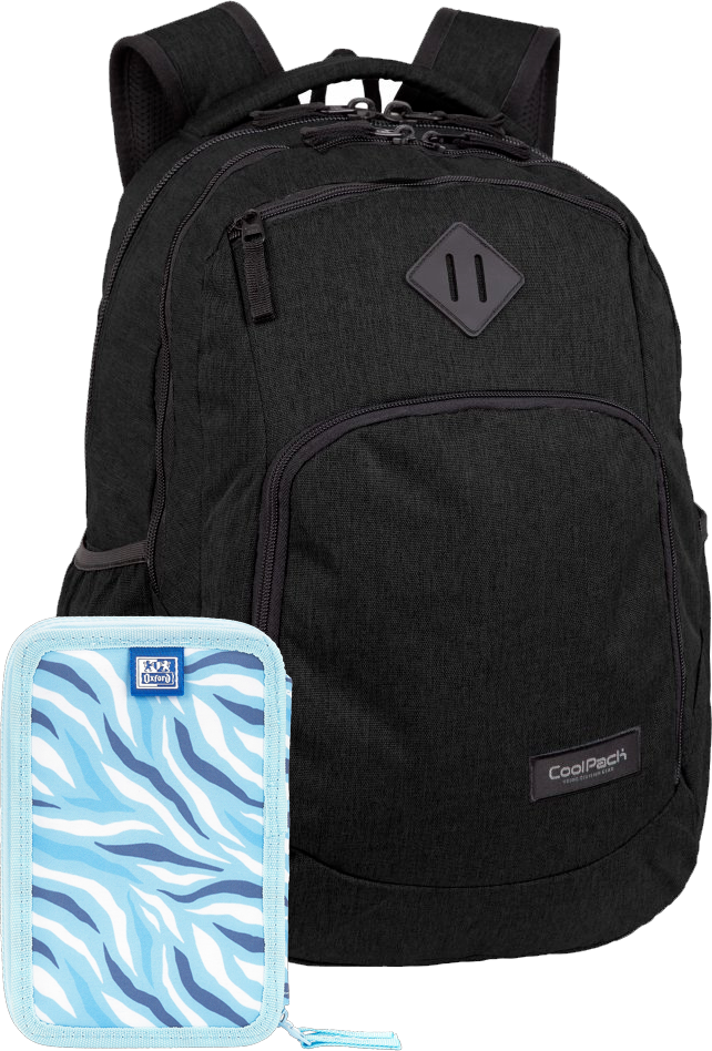 Zestaw: Plecak szkolny CoolPack Break Snow Black + Piórnik 2-komorowy Oxford Kids, bez wyposażenia, 20x13x5cm, poliester, niebieski