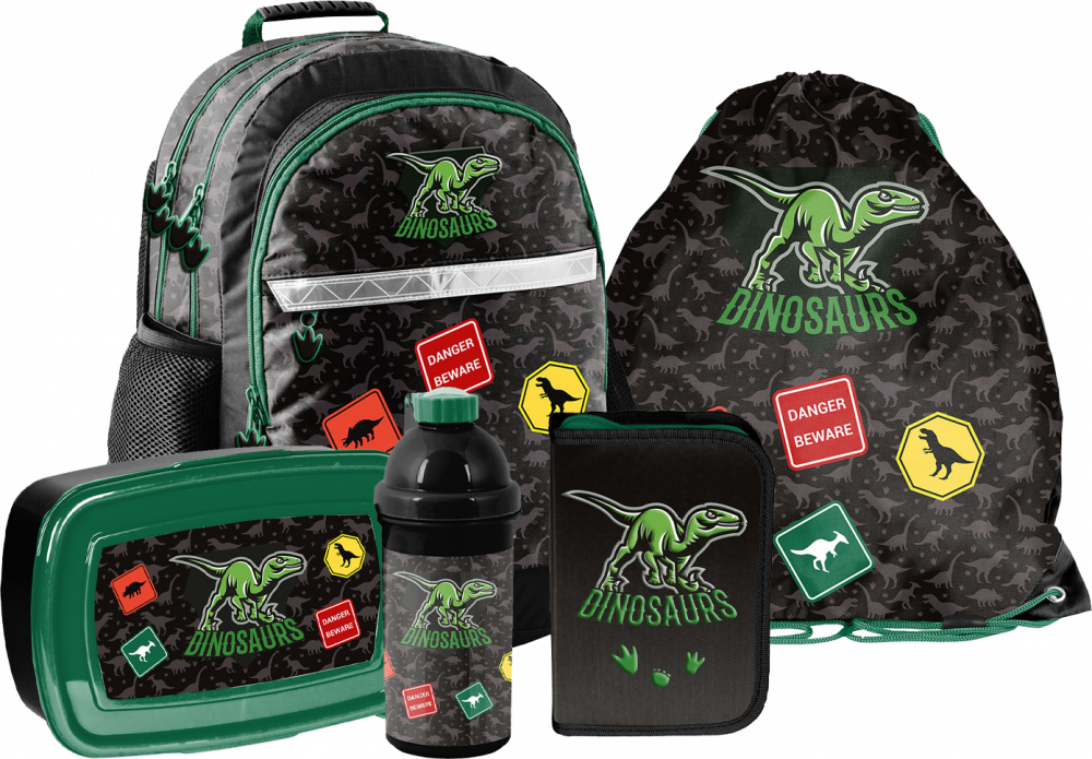 Zestaw: Plecak szkolny + piórnik + worek na buty + bidon na wodę + lunchbox Paso Dinosaur