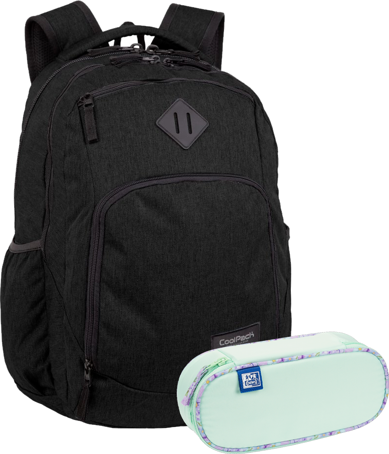 Zestaw: Plecak szkolny CoolPack Break Snow Black + Piórnik z klapką Oxford Flowers, bez wyposażenia, 23.5x8.5x5cm, poliester, zielony pastelowy