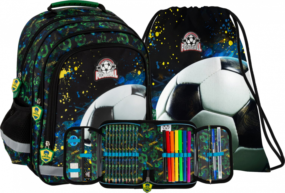 Zestaw: Plecak szkolny + piórnik z wyposażeniem + worek na buty Derform Piłka