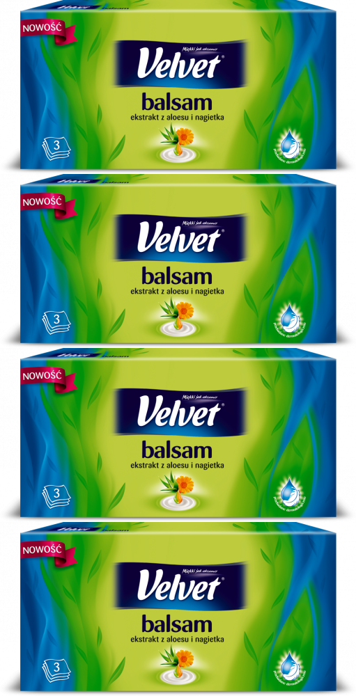 4x Chusteczki higieniczne Velvet, z balsamem z ekstraktem z aloesu i nagietka , w kartoniku, 70 sztuk