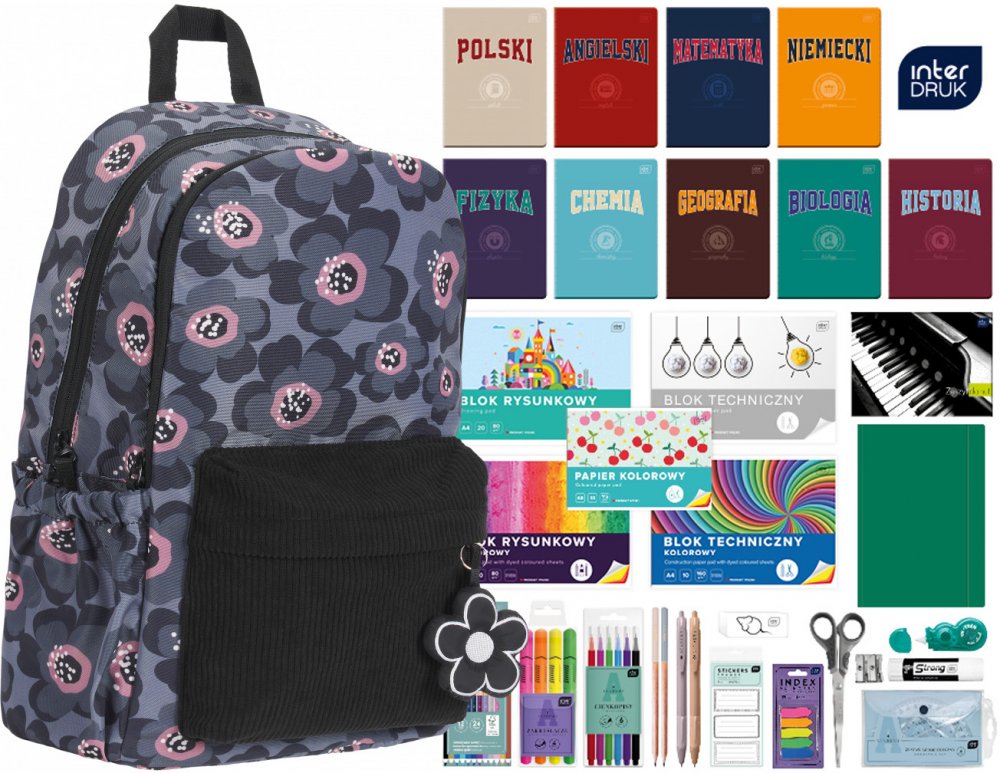 Zestaw: Plecak szkolny Oxford Bloom, szary + Wyprawka szkolna Interdruk, do klas 4-8