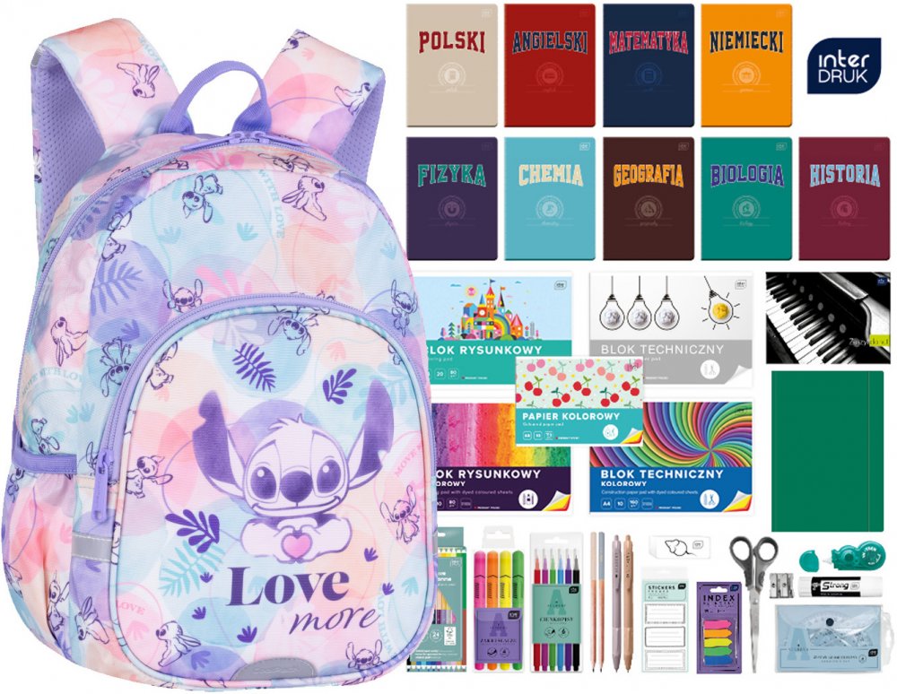 Zestaw: Plecak dla przedszkolaka CoolPack Toby Stitch Pastel + Wyprawka szkolna Interdruk, do klas 4-8