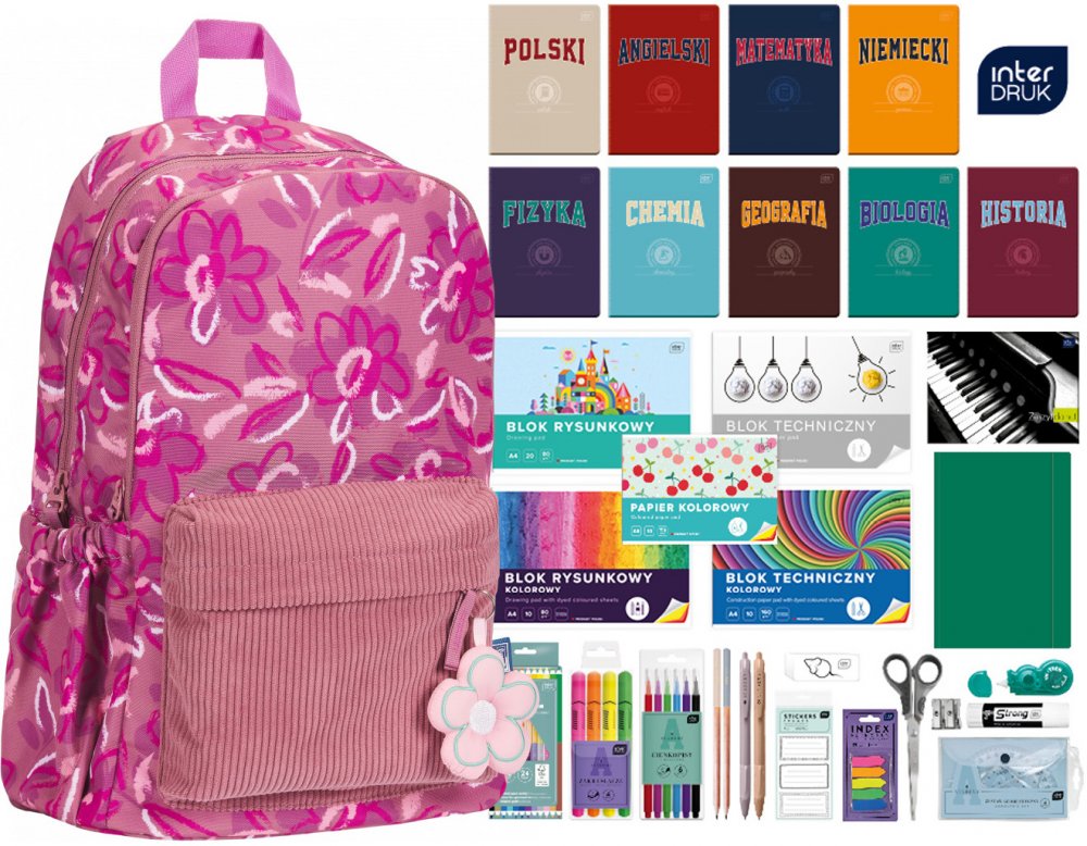 Zestaw: Plecak szkolny Oxford Bloom, ciemnoróżowy + Wyprawka szkolna Interdruk, do klas 4-8