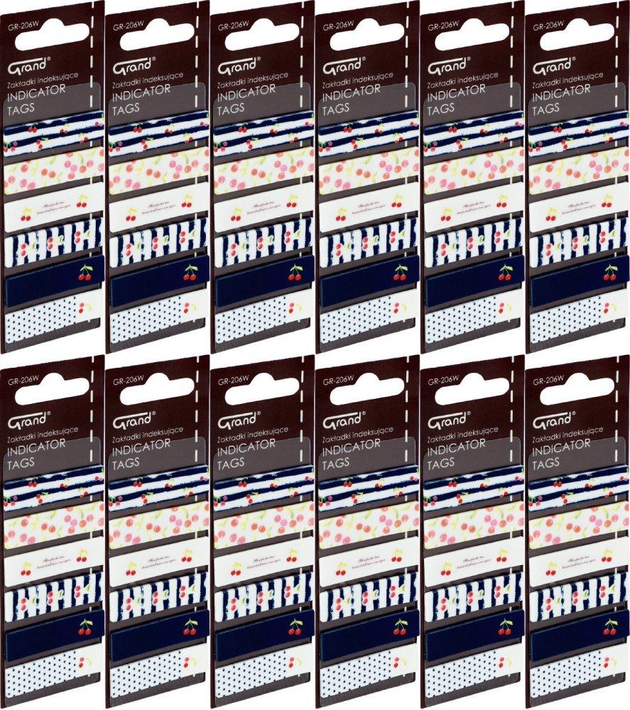 12x Zakładki samoprzylepne Grand GR-206W, proste (z nadrukiem wiśni), indeksujące, folia, 45x12mm, 6x20 sztuk, mix kolorów