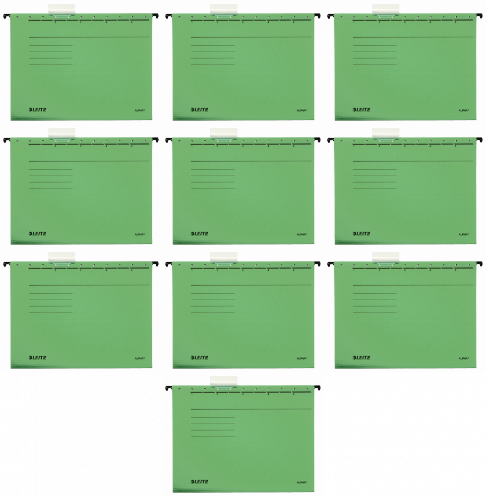 10x Teczka zawieszkowa kartonowa Leitz Alpha, A4, 348x260mm, 230g/m2, zielony