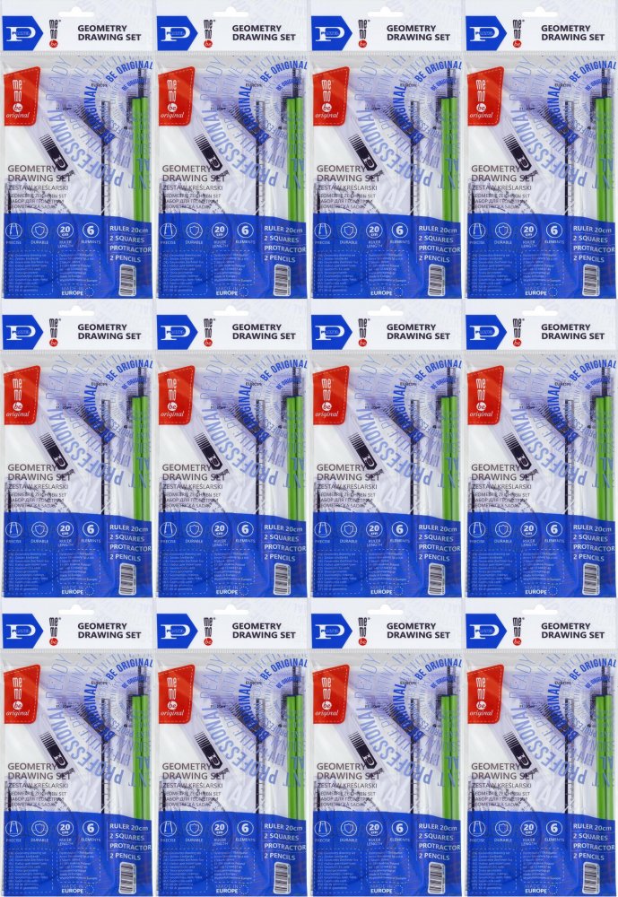 12x Zestaw kreślarski MemoBe by Pratel, z linijką 20cm + 2 ołówki, 6 elementów, transparentny