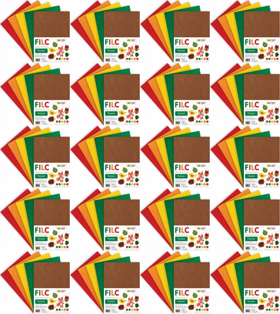 20x Filc dekoracyjny Happy Color Forest, 20x30 cm, 1.5 mm, 5 arkuszy, 5 kolorów