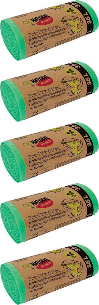 5x Worki na śmieci Eco Natural by York, na odpady zmieszane, 35l, 15 sztuk, zielony