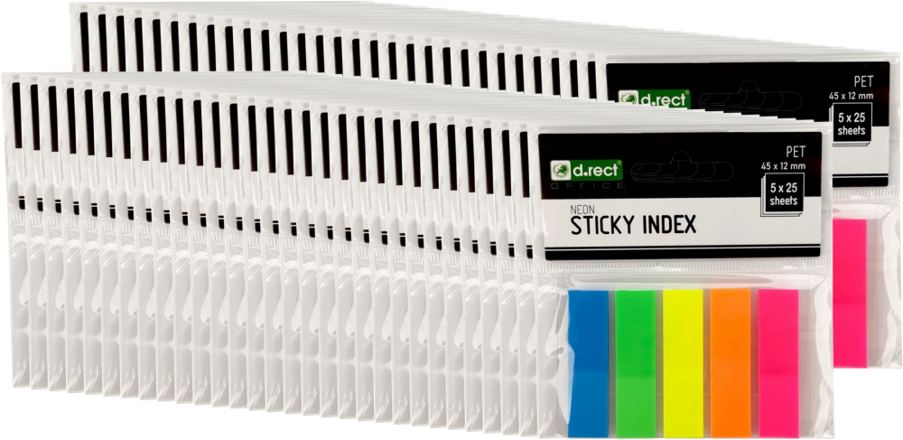 60x Zakładki samoprzylepne D.Rect proste, indeksujące, folia, transparentne, 45x12mm, 5x25 sztuk, mix kolorów neonowych
