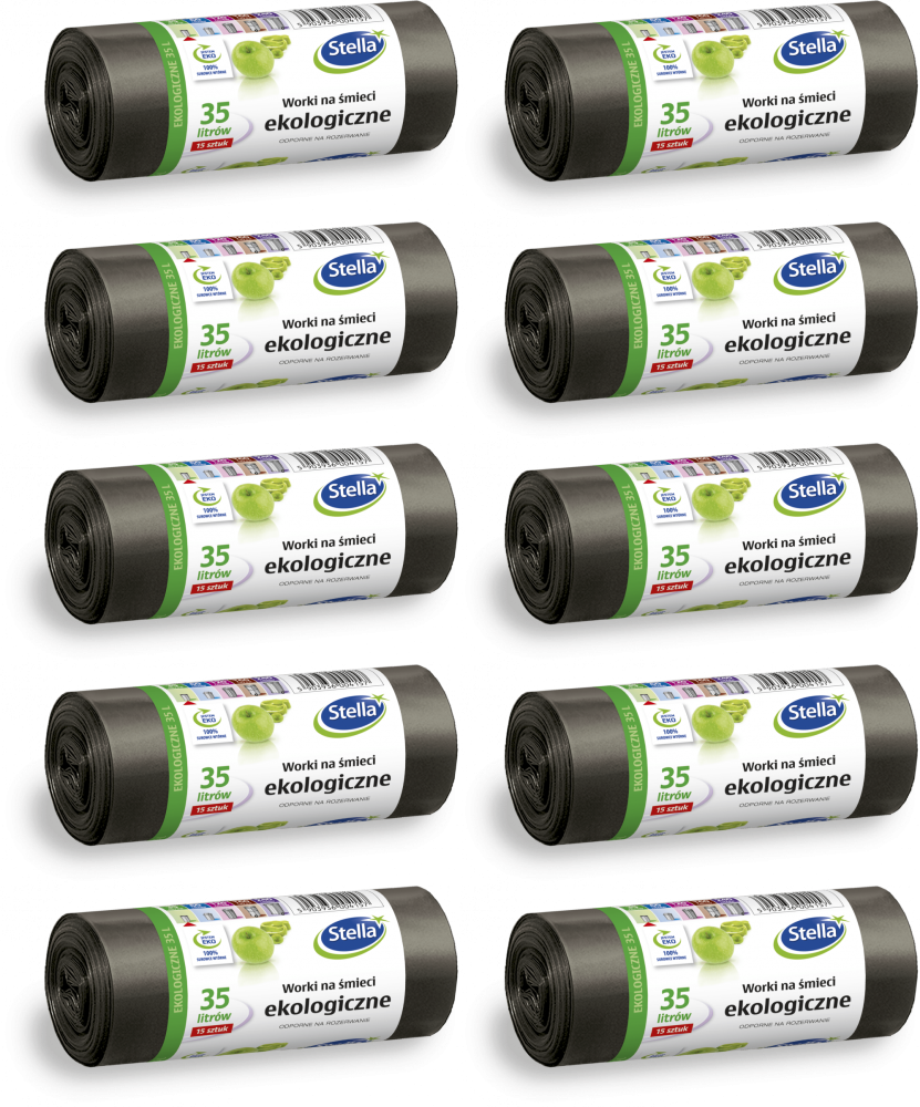 10x Worki na śmieci Stella, na odpady zmieszane, ekologiczne, 35l, 15 sztuk, czarny