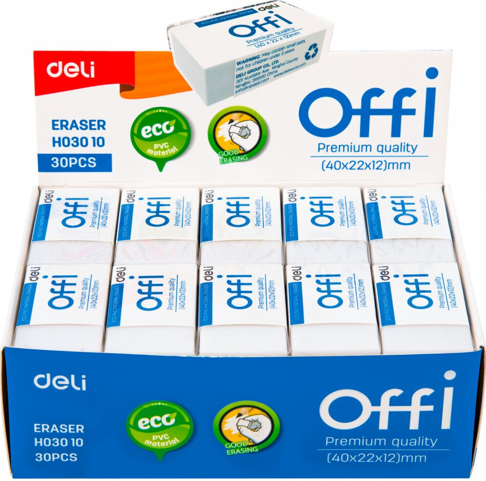 30x Gumka ołówkowa Deli Offi, 40x22x12 mm, biały