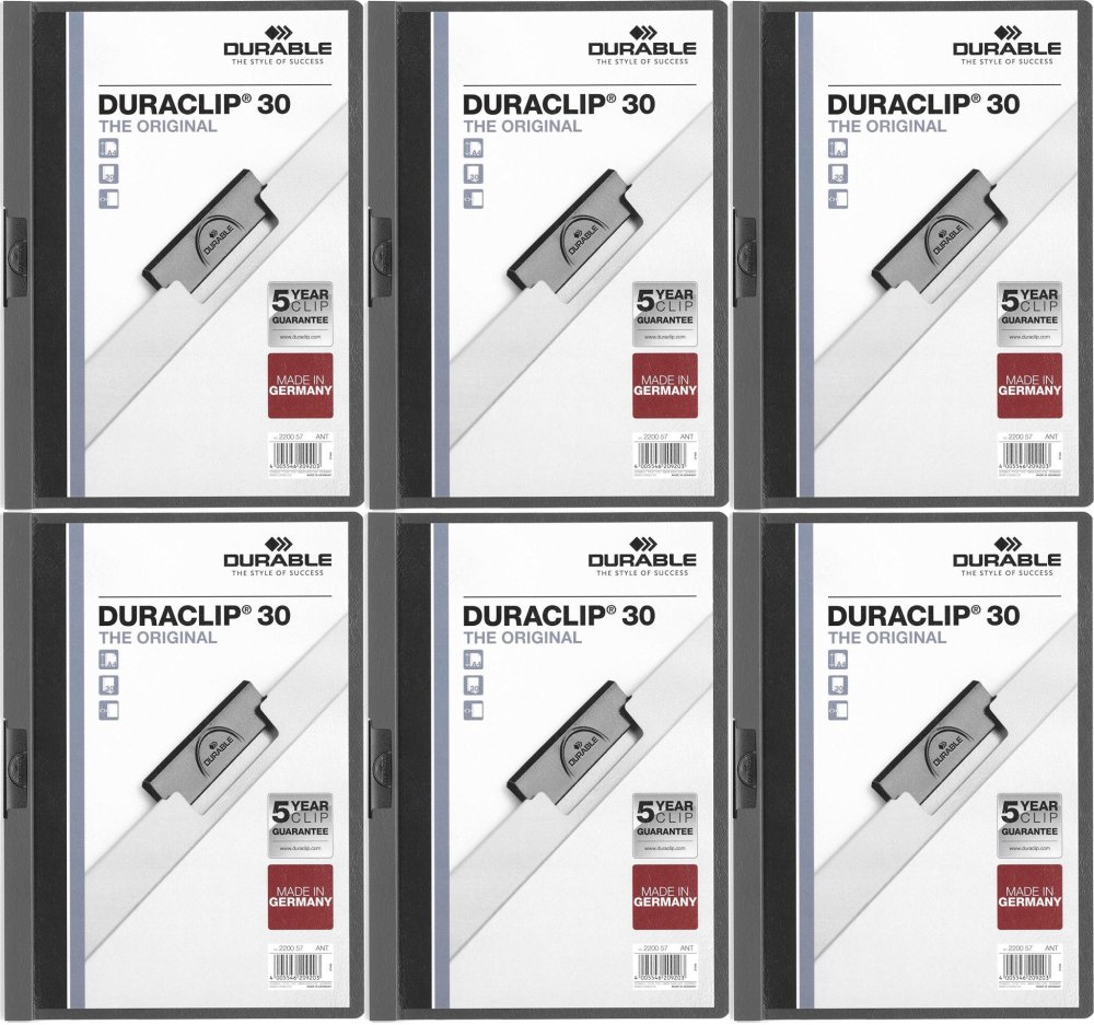 6x Skoroszyt plastikowy z klipsem Durable Duraclip, A4, do 30 kartek, grafitowy