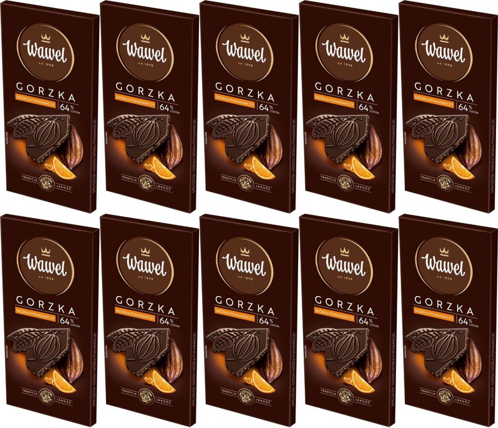 10x Gorzka czekolada Wawel Premium 64%, skórka pomarańczy, 90g