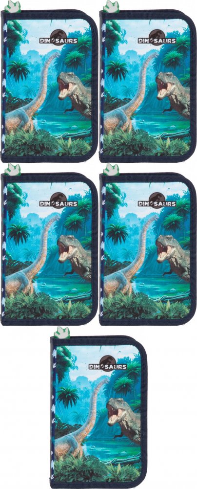 5x Piórnik szkolny Derform Dinozaur 19, 1-komorowy, z wyposażeniem, niebieski