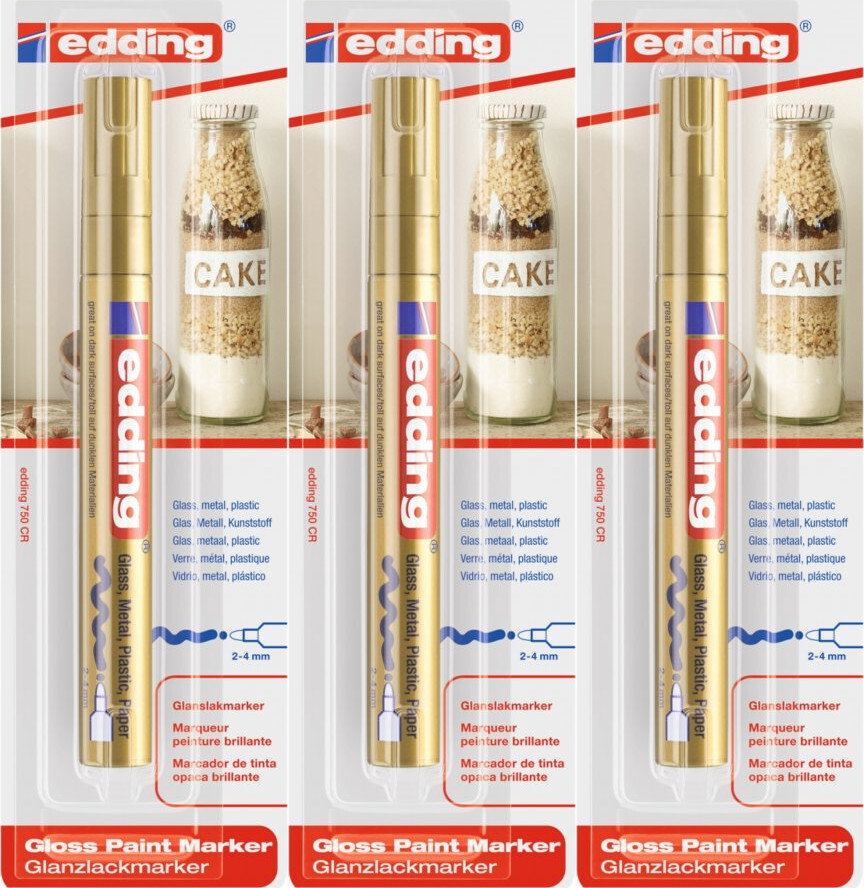 3x Marker olejowy połyskujący edding 750, okrągła, 1 sztuka, blister, złoty