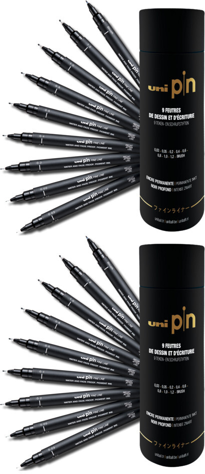 2x Cienkopis kreślarski Uni PIN-200, tuba, 9 sztuk, czarny