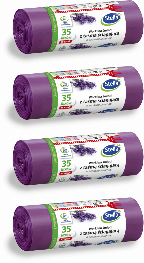 4x Worki na śmieci Stella, na odpady zmieszane, ekologiczne, 35l, 15 sztuk, lawendowe, fioletowy