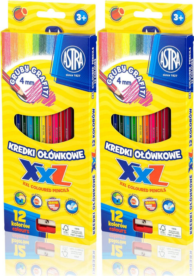 2x Kredki ołówkowe Astra XXL, hexagonalne, 12 sztuk + temperówka, mix kolorów
