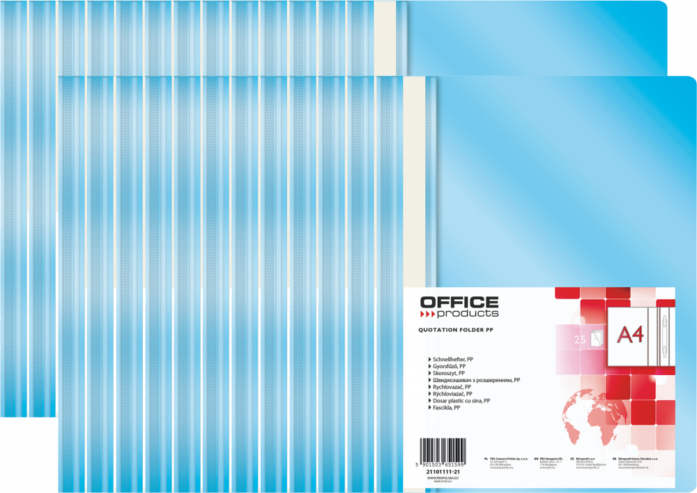 25x Skoroszyt plastikowy bez oczek Office Products, A4, do 200 kartek, jasnoniebieski