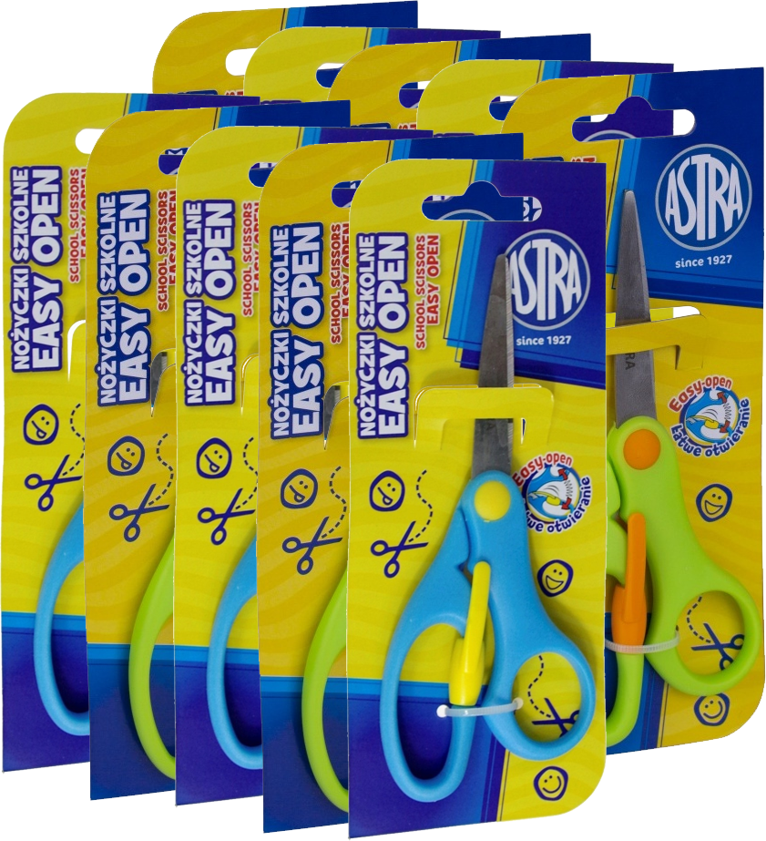 10x Nożyczki szkolne Astra Easy Open, z odbojnikiem, 13cm, 1 sztuka, na blistrze, mix kolorów