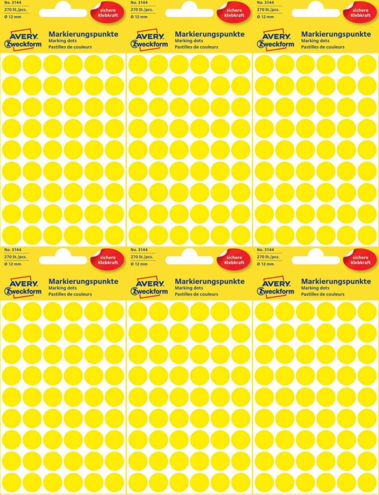 6x Etykiety Avery Zweckform, okrągłe, średnica 12mm, 270 sztuk, żółty