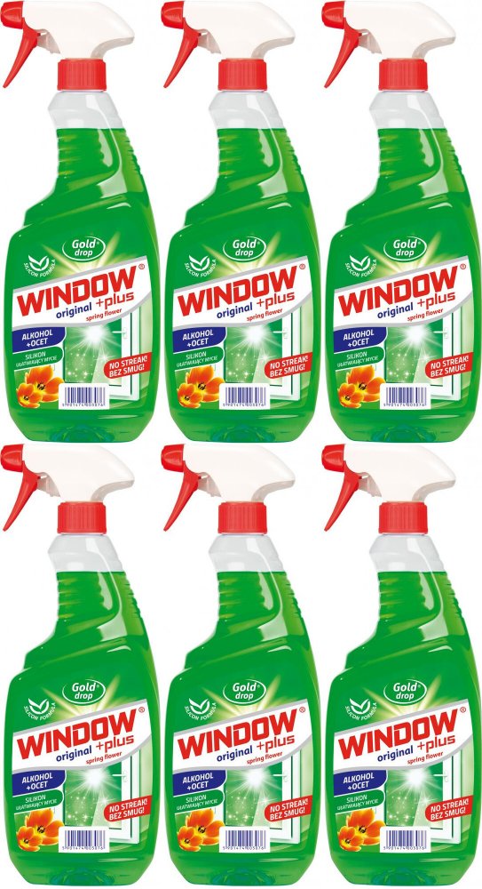 6x Płyn do mycia szyb Window Plus Gold Drop, z octem, z rozpylaczem, kwiatowy, 750ml