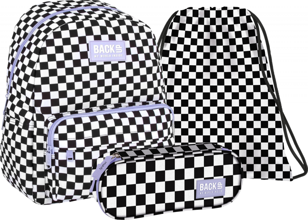 Zestaw: Plecak dwukomorowy + piórnik + worek na buty BackUP Szachownica