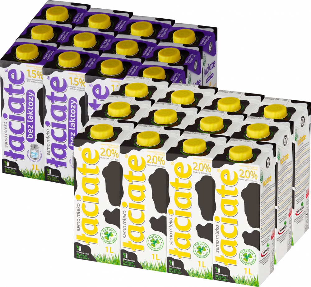 Zestaw 12x Mleko UHT Łaciate, 2%, 1l + 12x Mleko UHT Łaciate, bez laktozy, 1.5%, 1l