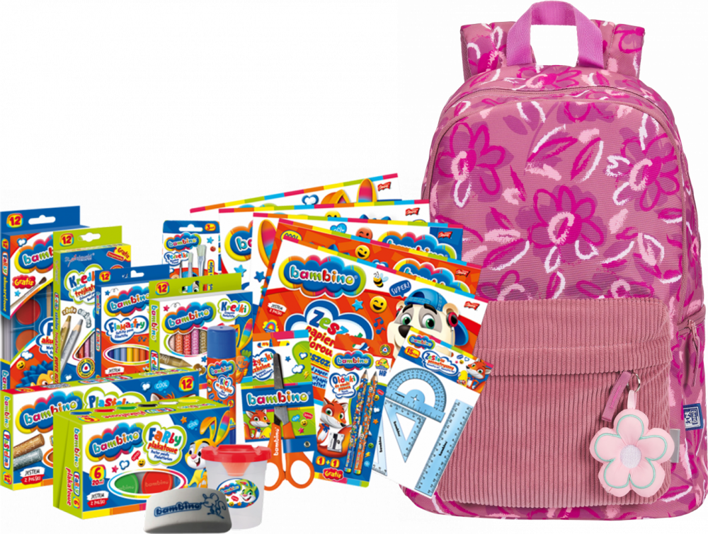 Zestaw: Plecak szkolny Oxford Bloom, ciemnoróżowy + Wyprawka szkolna Bambino, 18-elementów
