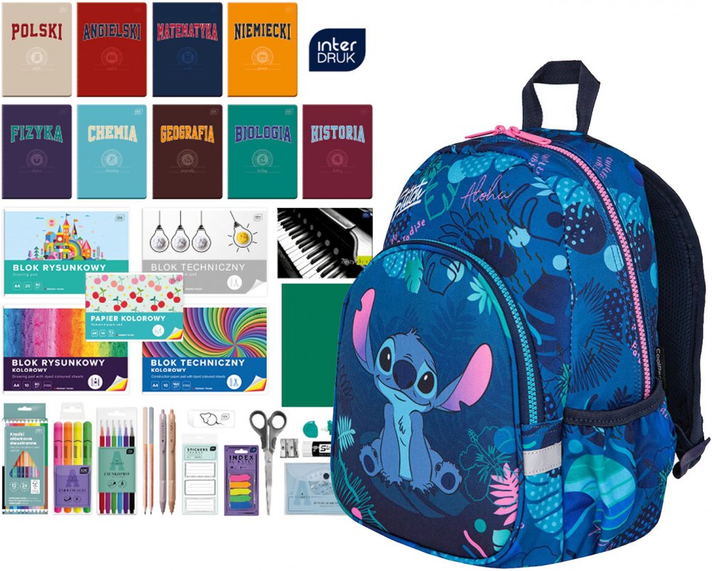 Zestaw: Plecak dla przedszkolaka CoolPack Toby Stitch + Wyprawka szkolna Interdruk, do klas 4-8