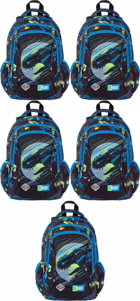 5x Plecak szkolny St.Right BP26 Dinosaur, trzykomorowy, 20l, 39x27x17cm, czarno-niebieski