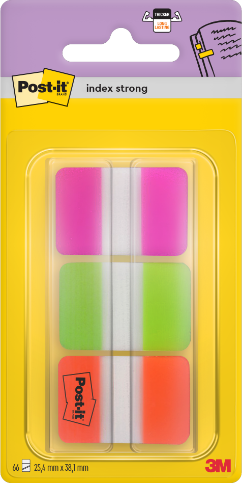 Zakładki samoprzylepne Post-it proste, indeksujące, silne, folia, 38x25mm, 3x22 sztuki z pomarańczowym